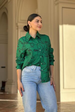 Face Print Long Sleeve Button Down Blouse