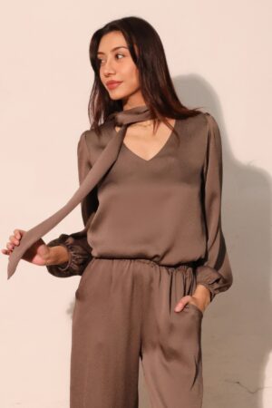Hammered Satin Tie Neck Bubble Top
