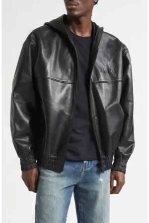 Oversize Hooded Lambskin Leather Zip Jacket