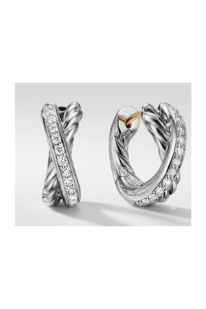 Crossover Huggie Hoop Earrings in Sterling Silver with Diamonds, 12.4mm