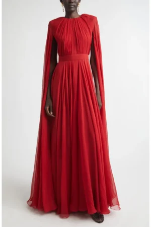 Long Sleeve Silk Crepon Cape Gown