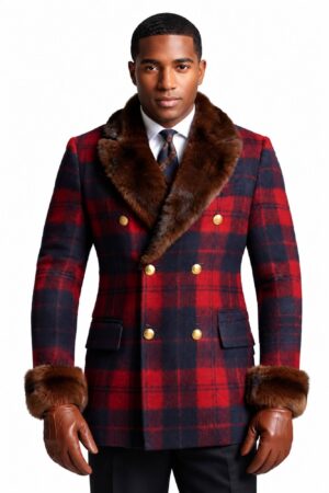 Men's Red Plaid Print Fur Patchwork Lapel Collar Long Sleeve Double-Breasted Blazer