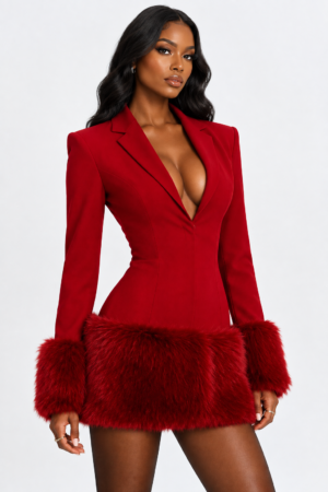 Wenona Faux Fur Trimmed V-Neck Mini Blazer Dress